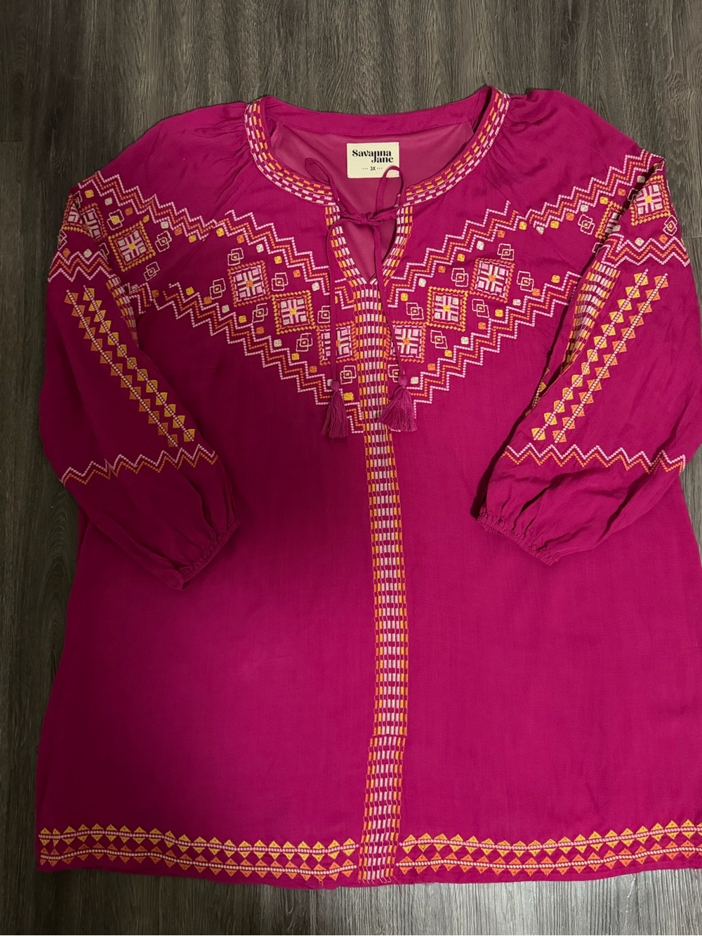 Savanna Jane 3X Fuchsia Embroidered Boho Tunic Dress Tassel Tie Plus Size